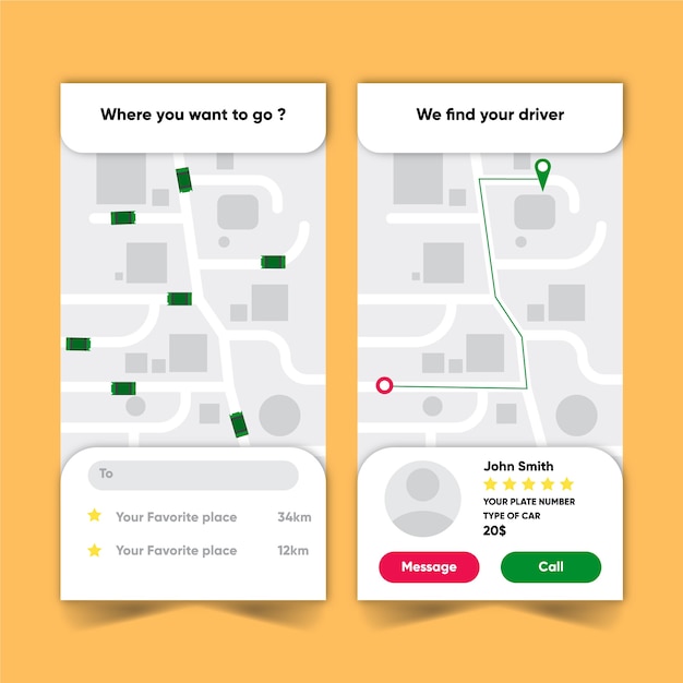 Kostenlose Vektor taxi app schnittstellenkonzept