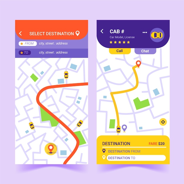 Kostenloser Vektor taxi app schnittstellenvorlage