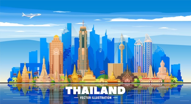 Kostenloser Vektor thailand städte skyline silhouette vektor-illustration auf weißem hintergrund geschäftsreise- und tourismuskonzept mit berühmten wahrzeichen thailands bild für präsentationsbanner-website