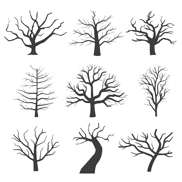 Tote Baumsilhouetten. Sterbende schwarze unheimliche Baumwaldillustration. Natürlicher sterbender alter Baum des Satzes