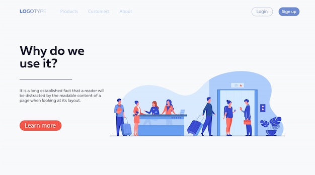 Kostenlose Vektor touristen mit gepäck warten an der hotelrezeption