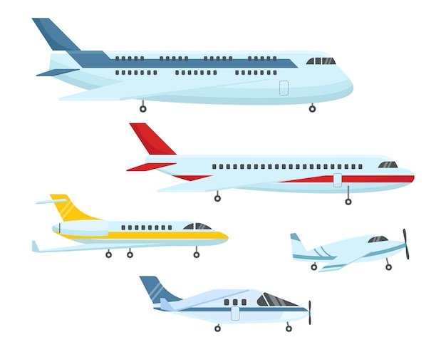 Verschiedene Arten von flachen Vektorgrafiken für Flugzeuge. Passagierflugzeug oder Flugzeug, Jets oder Flugzeuge für Fluggesellschaften, Luftverkehr isoliert auf weißem Hintergrund. Luftfahrt, Transportkonzept