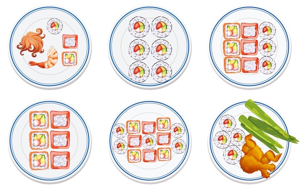Kostenlose Vektor verschiedene sushi- und meeresfrüchte-teller