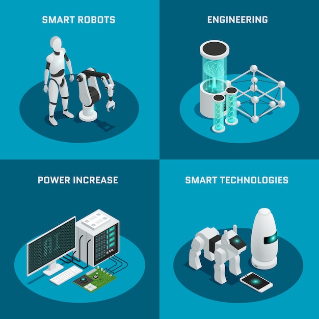 Kostenlose Vektor vier quadratische künstliche intelligenzikone, die mit intelligenter roboterleistung eingestellt wird, erhöhen intelligente technologien