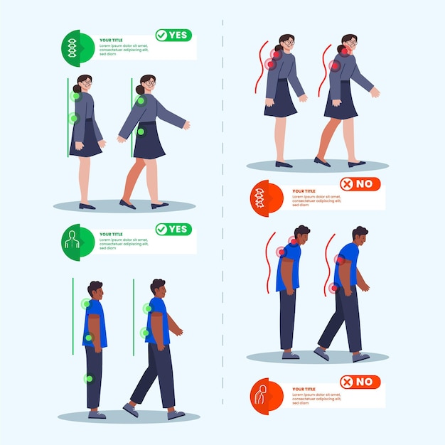 Kostenlose Vektor vorlage für infografiken zur haltungskorrektur