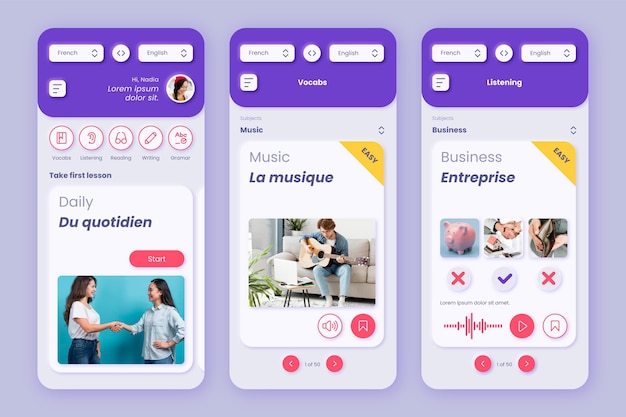 Kostenlose Vektor vorlage zum erlernen von sprachen app-oberfläche