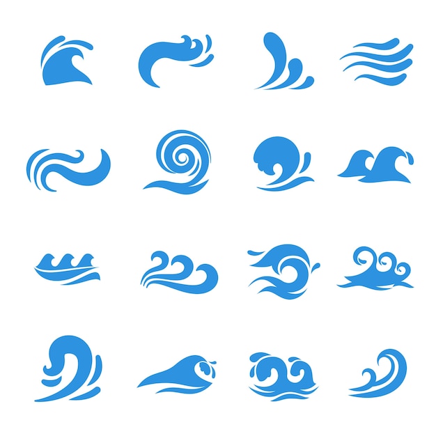 Wave-Symbole. Wasser Meerelement, Ozeanflüssigkeitskurve, fließender Wirbelsturm, Vektorillustration