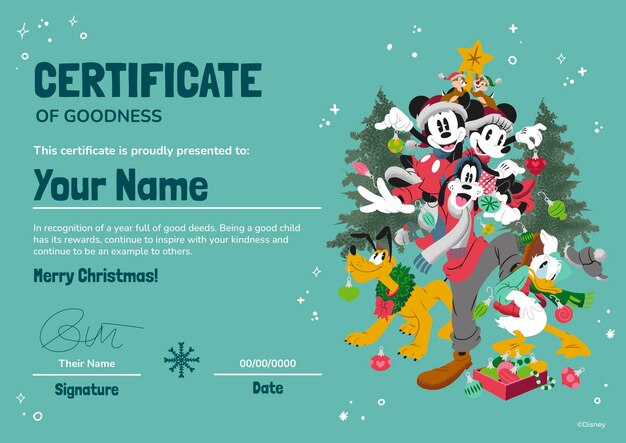 Kostenlose Vektor weihnachts-zertifikat für mickey mouse und seine freunde