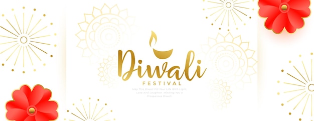 Kostenloser Vektor weiße goldene glückliche diwali grüße weiße banner mit blumendekoration