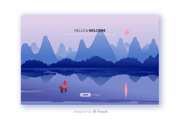 Kostenloser Vektor willkommens-landingpage-vorlage mit landschaft