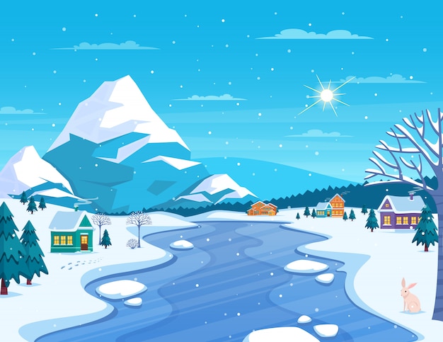 Kostenloser Vektor winterlandschaft und stadtillustration