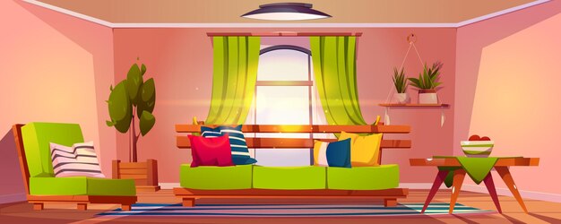 Wohnzimmer-Interieur voller Sonnenlicht mit grünen Möbeln, Sofa und Sessel mit Kissen, großes Fenster mit Vorhängen und verschiedenen Pflanzen in Töpfen. Cartoon-Vektor-gemütliches, leeres Zuhause im Inneren