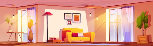 Wohnzimmerinterieur mit Möbeln und Sonnenstrahl durch großes Fenster Cartoon-Vektor-Illustration von leichter und sonniger Halle im Inneren mit Kissen auf Sofa-Lampe und Beistelltisch grüne Pflanzen in Töpfen