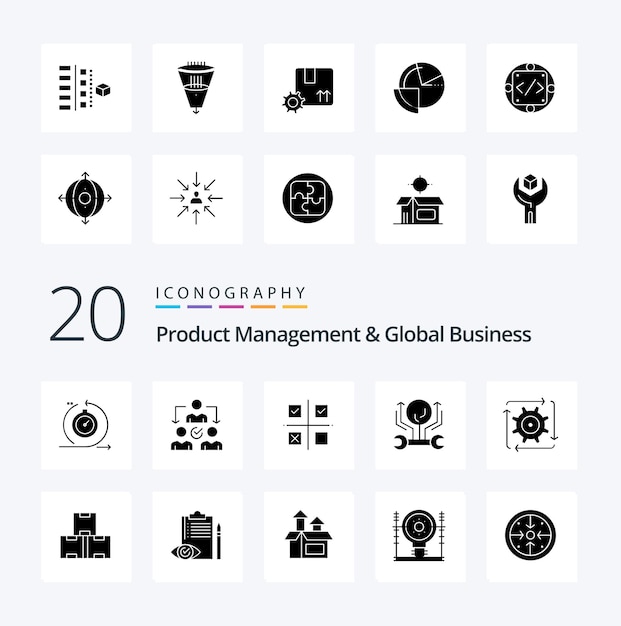 20 Produktmanagement und globales Geschäft Solid Glyph Icon Pack wie Hack-Engineering-Vertriebsentwicklungsprodukt