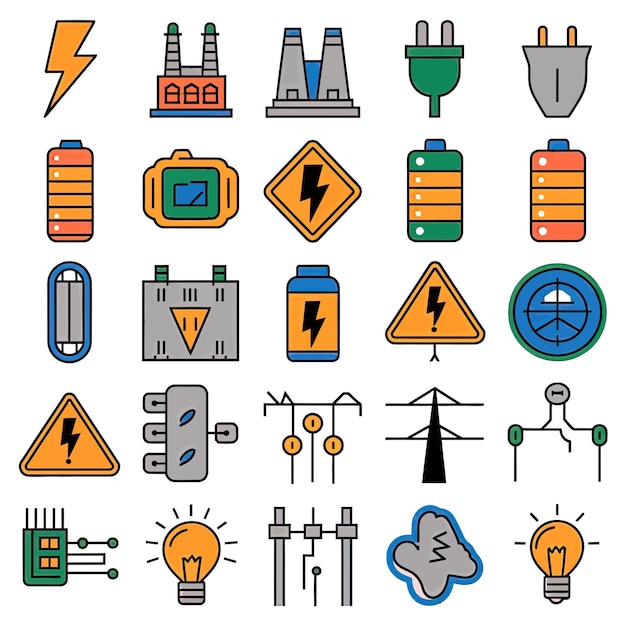 Vektor 2d-vektorillustration farbenfroher sammlung von ikonen für strom- und energiebatterien, steckdosen