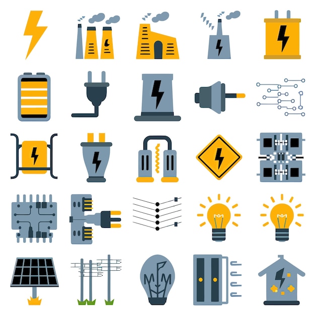 Vektor 2d-vektorillustration farbenfroher sammlung von ikonen für strom- und energiebatterien, steckdosen