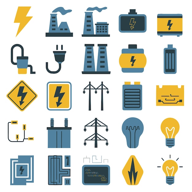 Vektor 2d-vektorillustration farbenfroher sammlung von ikonen für strom- und energiebatterien, steckdosen