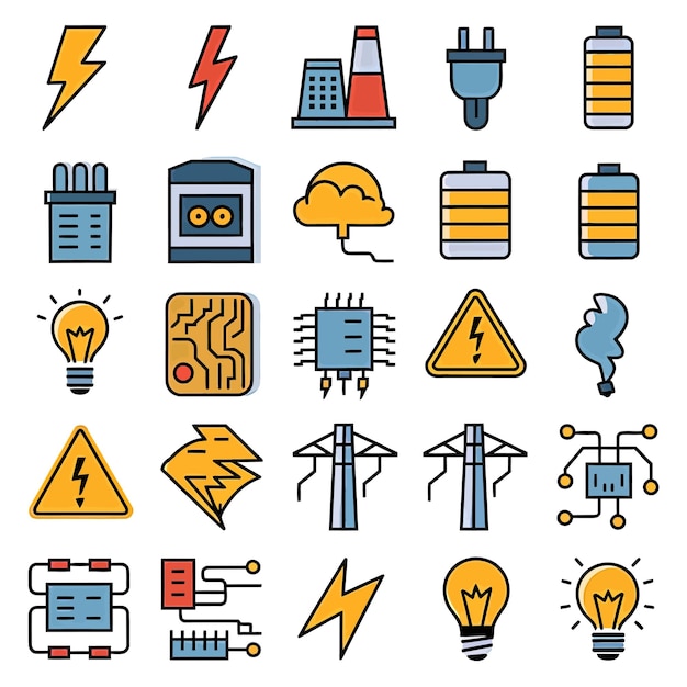 Vektor 2d-vektorillustration farbenfroher sammlung von ikonen für strom- und energiebatterien, steckdosen