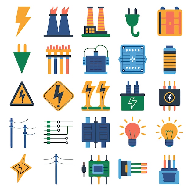 Vektor 2d-vektorillustration farbenfroher sammlung von ikonen für strom- und energiebatterien, steckdosen