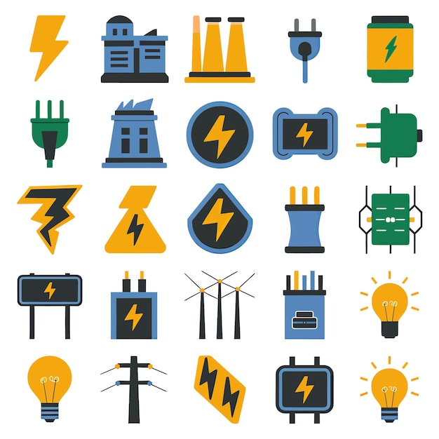 Vektor 2d-vektorillustration farbenfroher sammlung von ikonen für strom- und energiebatterien, steckdosen