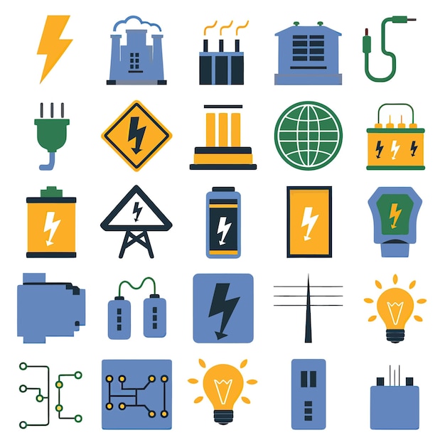 Vektor 2d-vektorillustration farbenfroher sammlung von ikonen für strom- und energiebatterien, steckdosen