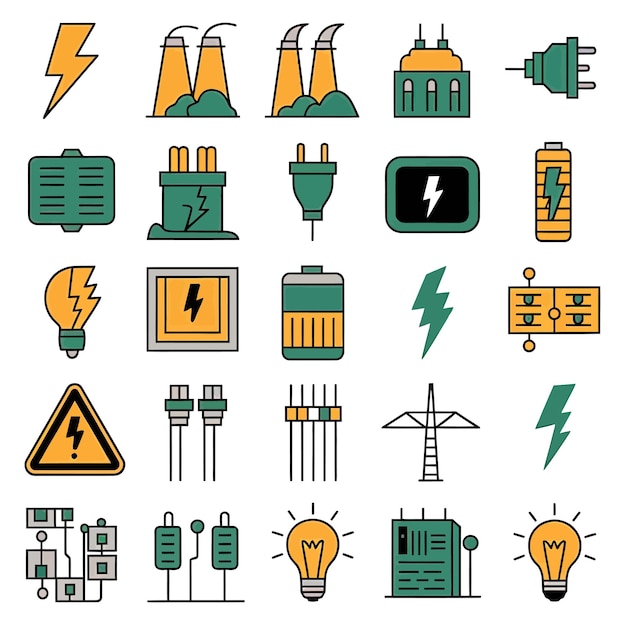 2D-Vektorillustration farbenfroher Sammlung von Ikonen für Strom- und Energiebatterien, Steckdosen