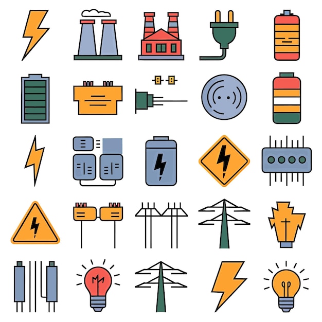 Vektor 2d-vektorillustration farbenfroher sammlung von ikonen für strom- und energiebatterien, steckdosen