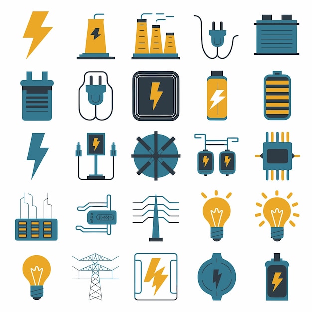 Vektor 2d-vektorillustration farbenfroher sammlung von ikonen für strom- und energiebatterien, steckdosen