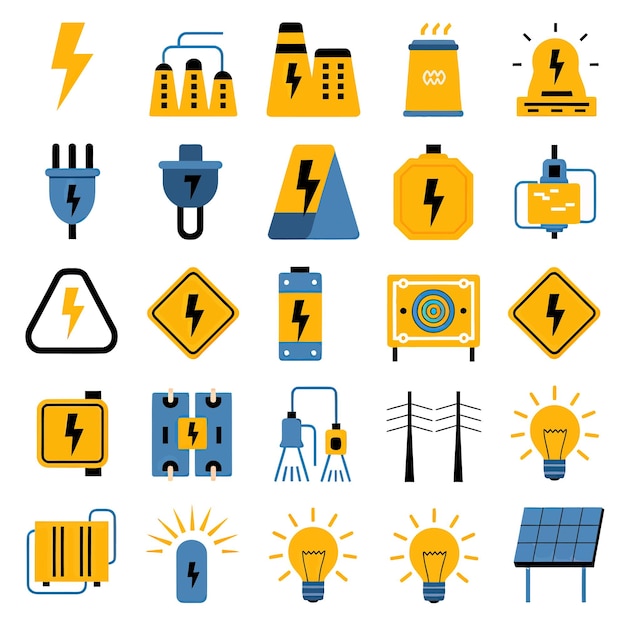 Vektor 2d-vektorillustration farbenfroher sammlung von ikonen für strom- und energiebatterien, steckdosen