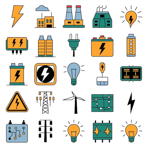 Vektor 2d-vektorillustration farbenfroher sammlung von ikonen für strom- und energiebatterien, steckdosen