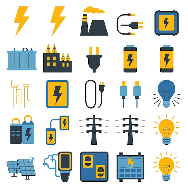 Vektor 2d-vektorillustration farbenfroher sammlung von ikonen für strom- und energiebatterien, steckdosen