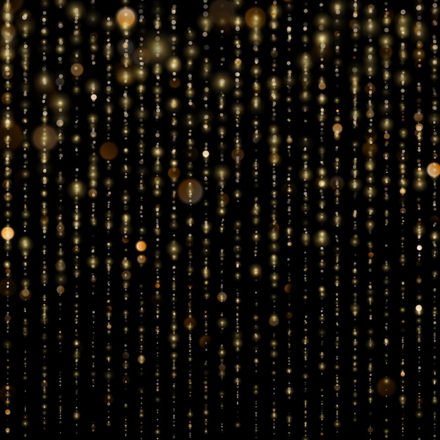 Abstraktes Gold funkeln Glanzlicht Konfetti Bokeh auf glitzerndem schwarzen Hintergrund. Luxus schimmernde Texturschablone.