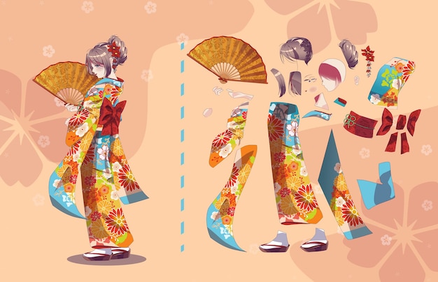 Vektor anime-manga-mädchen zeichentrickfiguren für animations-motion-design-kit körperteile mädchen oder geisha