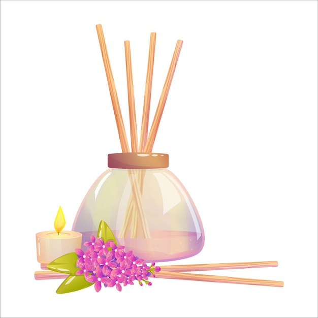 Vektor aromatherapie mit holzstäbchen fliederblüte und kerze duftstäbchen für entspannungsmeditation und gesundheit lavendelöl in einer duftflasche cartoon-vektor-illustration