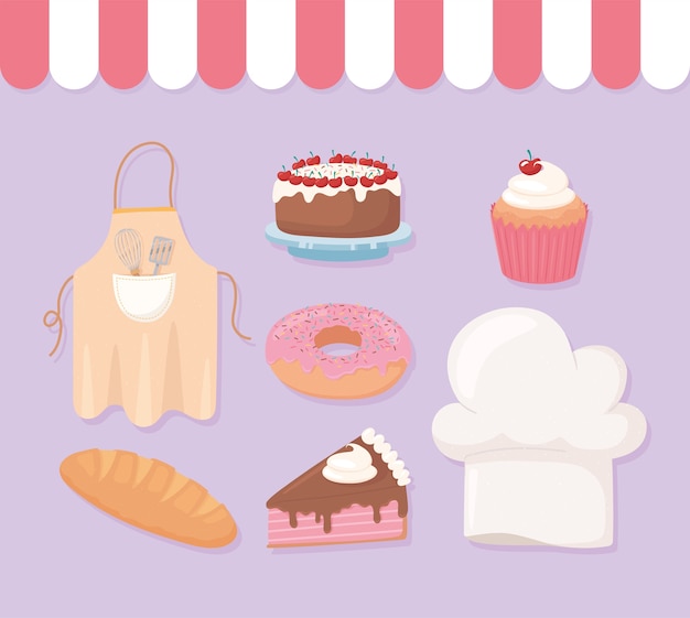 Bäckerei Donut Kuchen Cupcake Donut Hut und Schürze Illustration