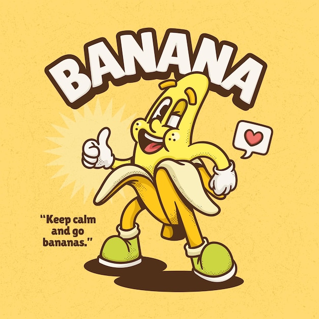 Banane trendige Retro-Cartoon-Vektor-Hand gezeichnet