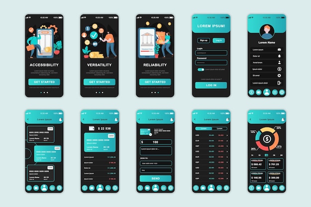 Banking-Konzeptbildschirme, die für das UI-UX-GUI-Benutzeroberflächen-Kit für mobile App-Vorlagen festgelegt wurden