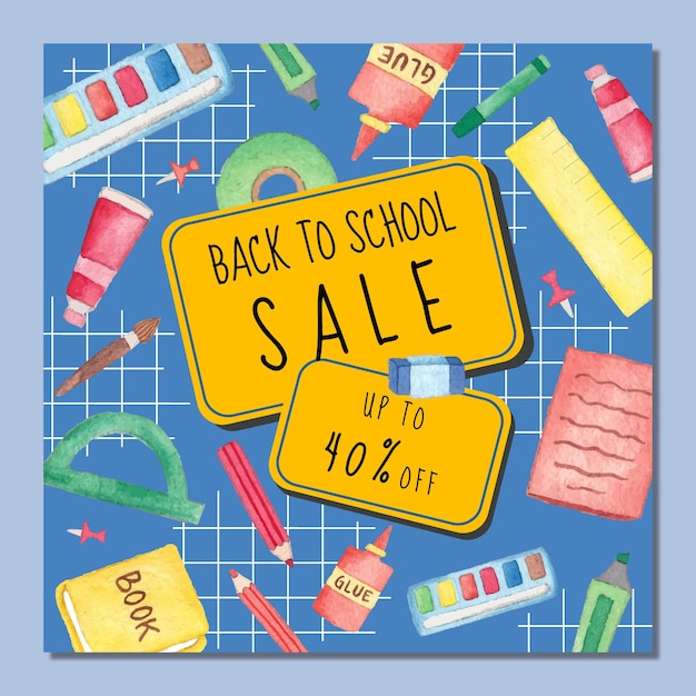 Vektor banner von back to school sale mit aquarell schreibwaren watercolor