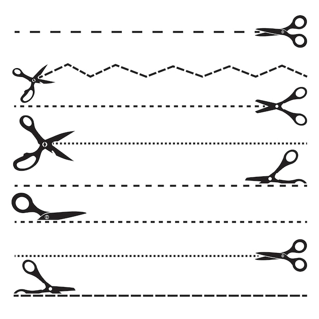 Bilder mit Schere und Schnittlinien. Tools für Designvorlagen. Gepunktete Trennlinie in Scherenschwarz. Vektor-illustration