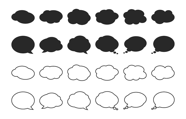 Blase mit Wolkensilhouetten und dünner Linie. Sprechen und Denken von Sprachsymbolen.