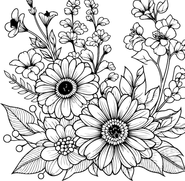 Vektor blumen schwarze umrisse illustration malbuchseite