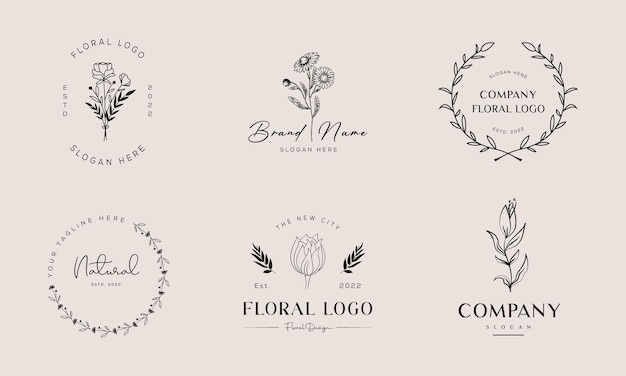 Botanisches Blumenelement Handgezeichnetes Logo mit Wild Flower Leaves Logo für feminin und kosmetisch