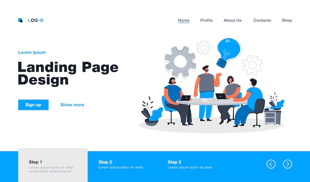Brainstorming des Unternehmensteams bei der Besprechung der Landingpage im flachen Stil