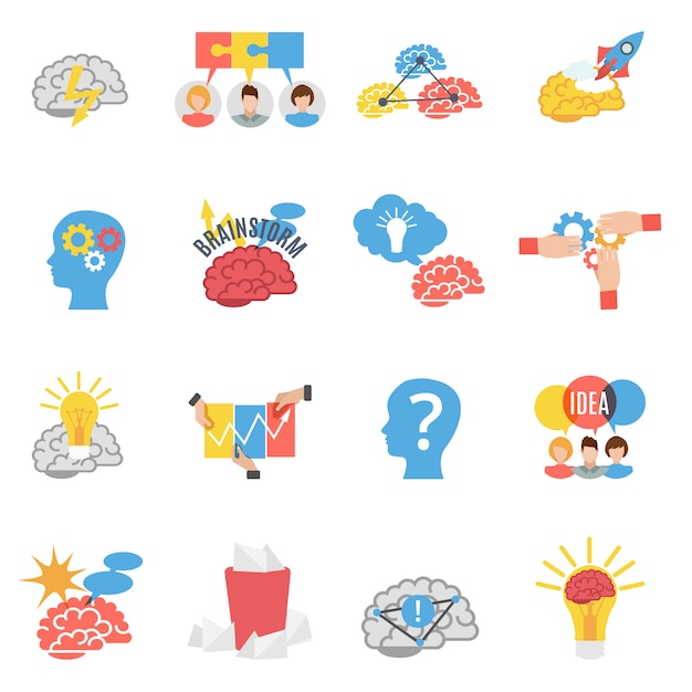 Brainstorming kreative flache Icons Set