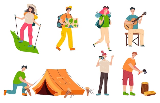 Camping Menschen Mann Frau isoliert Set Sammlung flache Cartoon Design Element Illustration