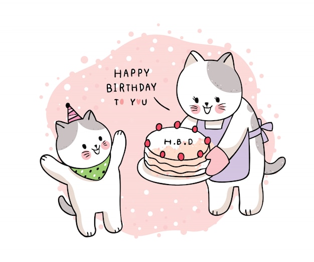 Vektor cartoon niedlich zeichnen mutter und baby katze und kuchen, alles gute zum geburtstag