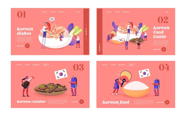 Charaktere, die koreanische Küche Landing Page Template Set essen und kochen. Leute mit nationalem Fan, Touristen um riesiges Gericht mit Reis, Garnelen, Fleisch, Kohl und Gemüse. Cartoon-Vektor-Illustration