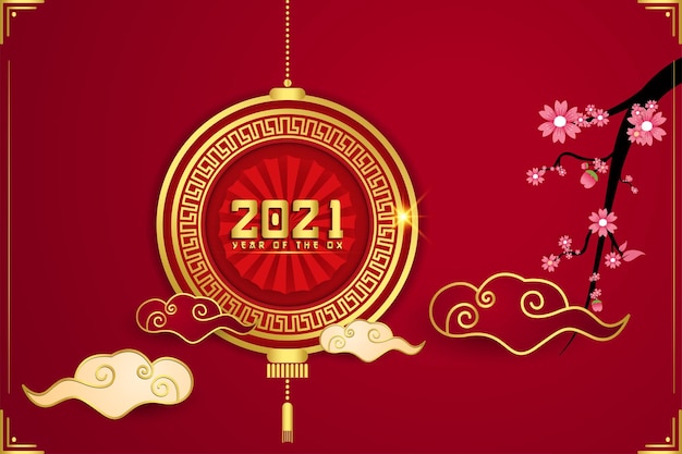 Chinesisches Neujahr 2021 Jahr der Ochsen-, Rot- und Goldblumen-, Laternen- und asiatischen Elemente.