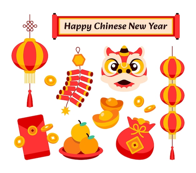 chinesisches Neujahrs-Flachdesign-Elemente Ikonen-Set chinesisches Cartoon-Ornament Vektorillustration EPS