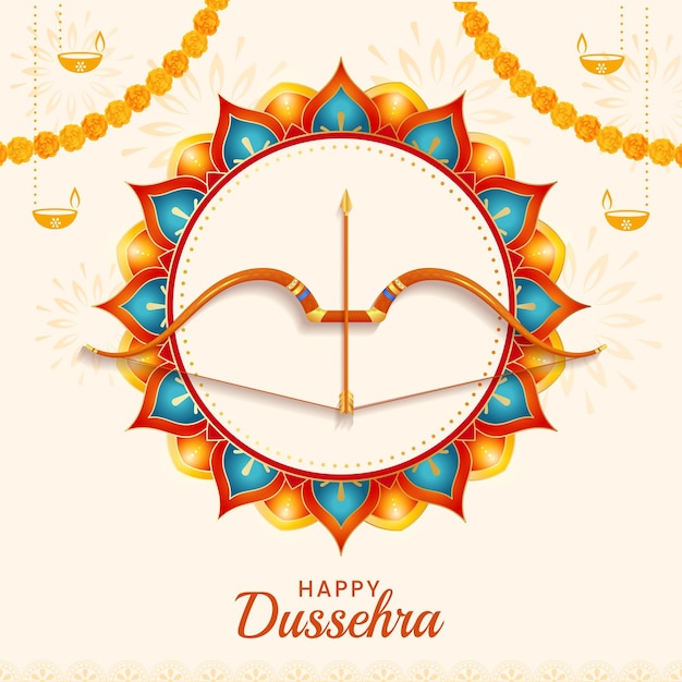 Vektor das indische fest happy dussehra mit dekorativen requisiten vijaydashmi hintergrund vektor-illustration